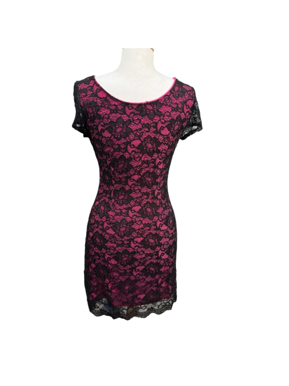 Women's Bebe Pink & Black Lace Short Sleeve Dress M - Picture 6 of 8